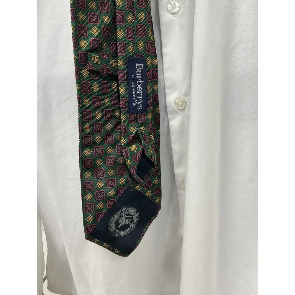 Vintage Burberrys Of‎ London Tie Silk Green Red Gold Geometric Print